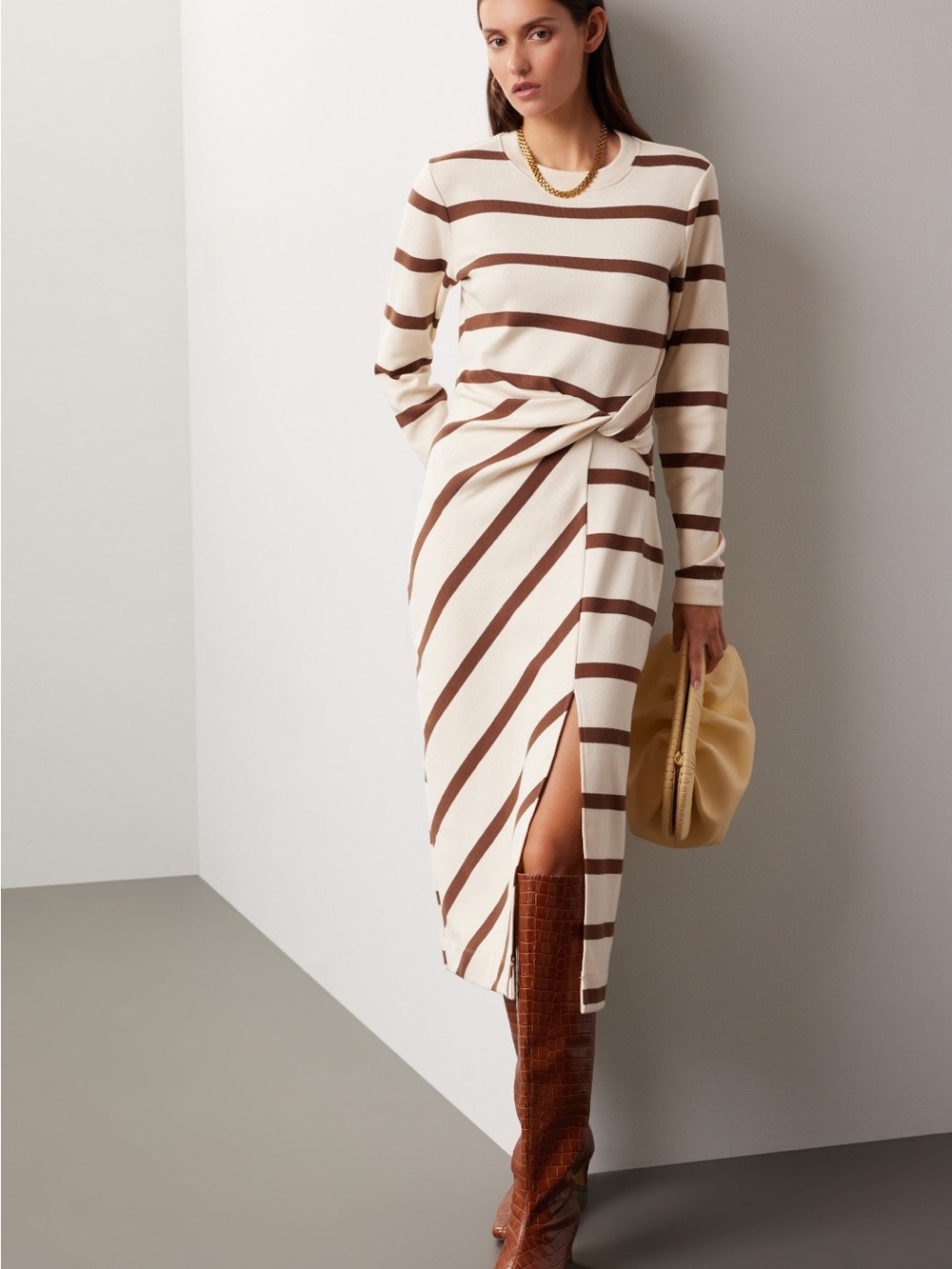 Tanya Taylor Striped Twist-Waist Midi Dress in Cream and Brown size L MSRP $400